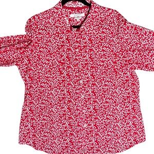 Foxcroft Bright Red Short-Sleeve Button-Up Blouse with White Ditsy Print